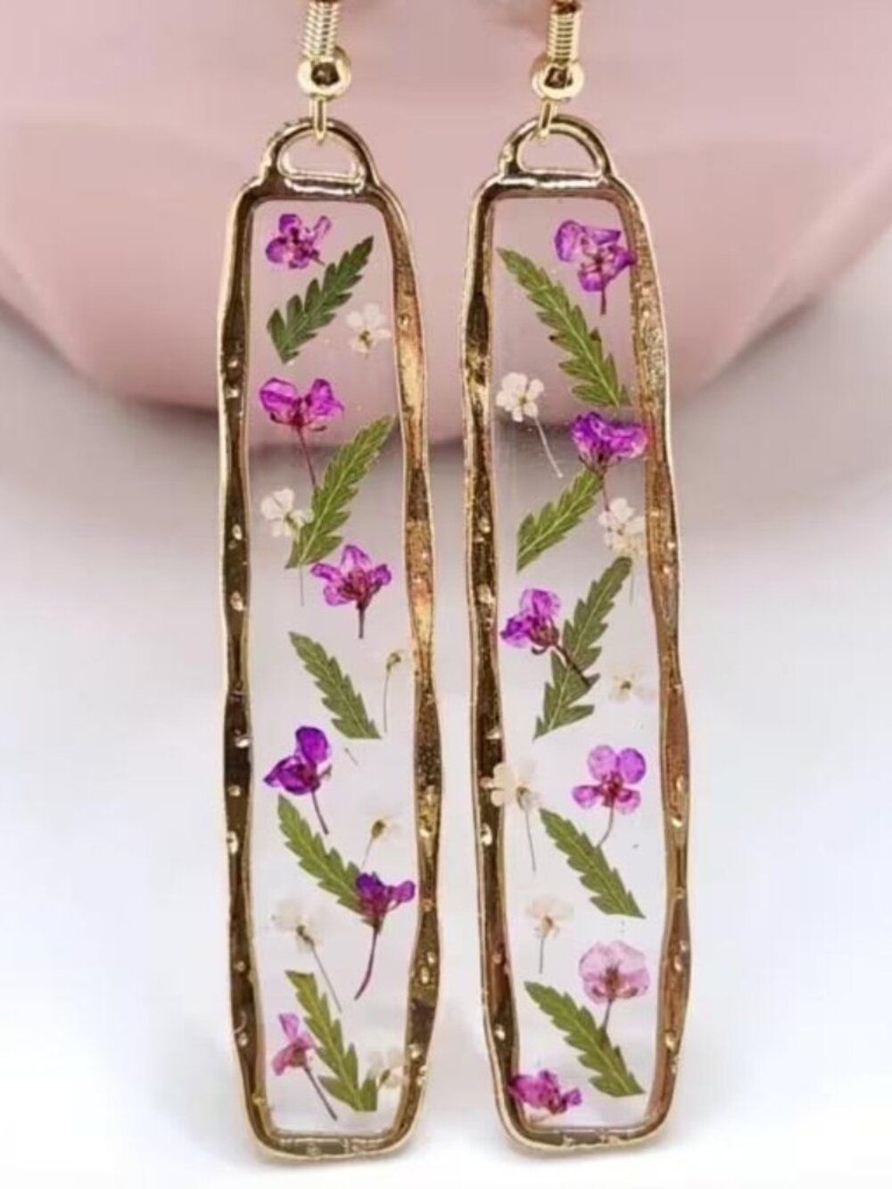 VICTORIAN LITTLE LILACS & FERN ENCASED BETWEEN GLASS PANELS LONG EARRINGS N